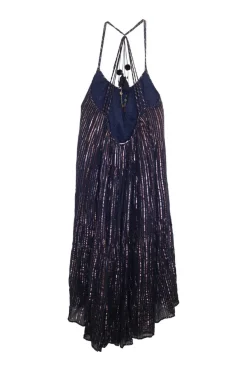 Navy and copper cotton-blend metallic stripe jacquard drop waist halter pullover shift dress with nape tassels