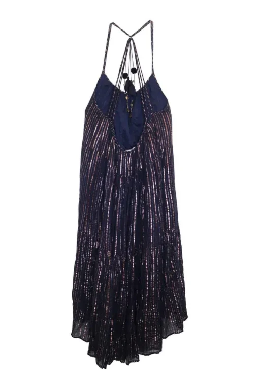 Navy and copper cotton-blend metallic stripe jacquard drop waist halter pullover shift dress with nape tassels