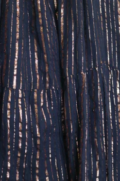 Navy and copper cotton-blend metallic stripe jacquard drop waist halter pullover shift dress with nape tassels