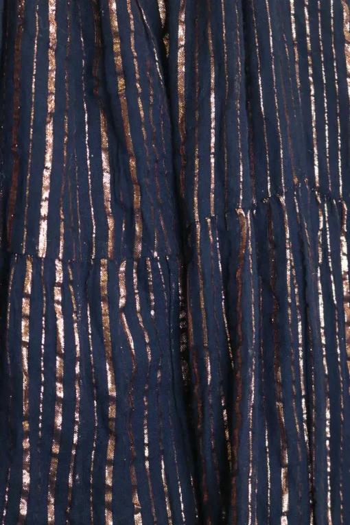 Navy and copper cotton-blend metallic stripe jacquard drop waist halter pullover shift dress with nape tassels