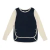 Navy and ecru silk paneled long sleeve piped blouse with curved high-low hem
