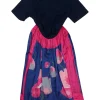 Navy and fuchsia paneled cotton and cupro short sleeve A-line midi dress featuring floral border motif