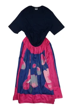 Navy and fuchsia paneled cotton and cupro short sleeve A-line midi dress featuring floral border motif