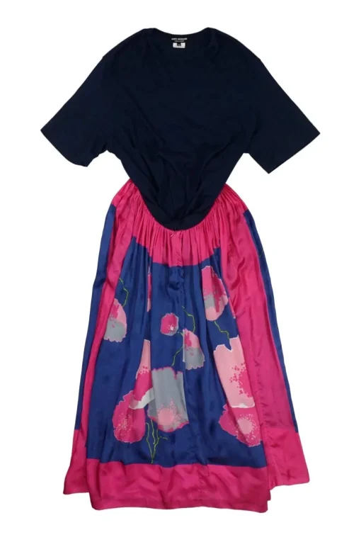 Navy and fuchsia paneled cotton and cupro short sleeve A-line midi dress featuring floral border motif