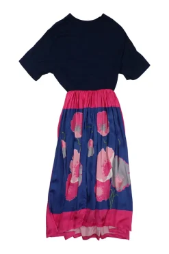 Navy and fuchsia paneled cotton and cupro short sleeve A-line midi dress featuring floral border motif