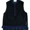 Navy and green cotton-bled mixed media button front sleeveless blouse with fringe trim at hem