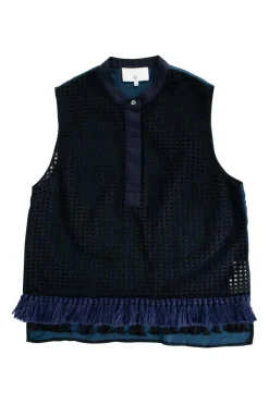 Navy and green cotton-bled mixed media button front sleeveless blouse with fringe trim at hem