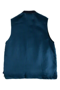 Navy and green cotton-bled mixed media button front sleeveless blouse with fringe trim at hem