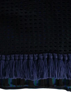 Navy and green cotton-bled mixed media button front sleeveless blouse with fringe trim at hem