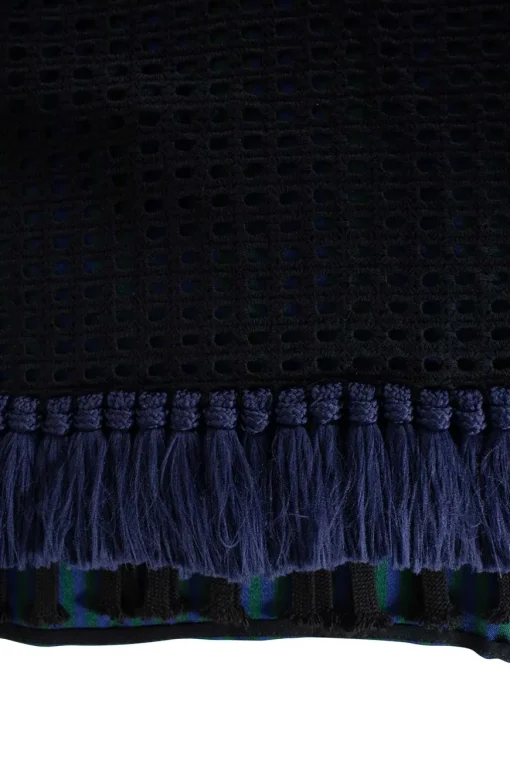 Navy and green cotton-bled mixed media button front sleeveless blouse with fringe trim at hem