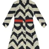 Navy and ivory silk-blend graphic chevron print button-front shirt dress with contrasting waistband