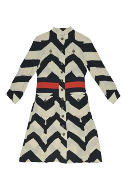 Navy and ivory silk-blend graphic chevron print button-front shirt dress with contrasting waistband