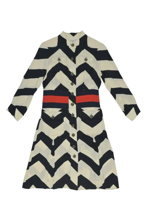 Navy and ivory silk-blend graphic chevron print button-front shirt dress with contrasting waistband