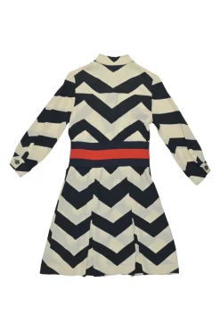 Navy and ivory silk-blend graphic chevron print button-front shirt dress with contrasting waistband