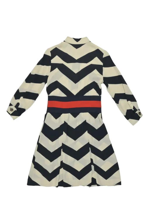 Navy and ivory silk-blend graphic chevron print button-front shirt dress with contrasting waistband