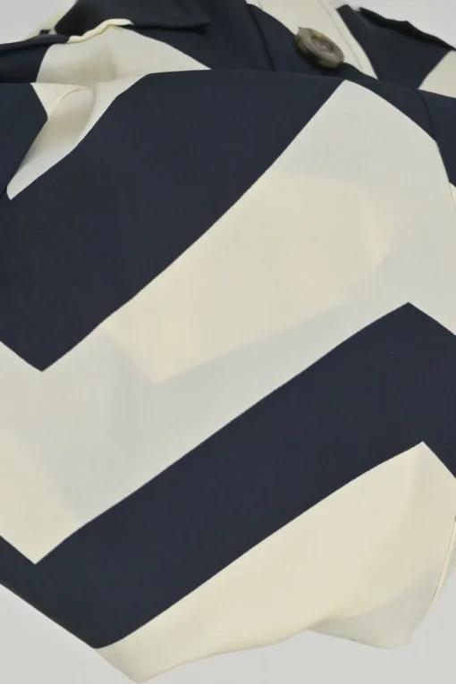 Navy and ivory silk-blend graphic chevron print button-front shirt dress with contrasting waistband