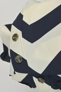 Navy and ivory silk-blend graphic chevron print button-front shirt dress with contrasting waistband