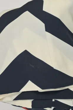 Navy and ivory silk-blend graphic chevron print button-front shirt dress with contrasting waistband