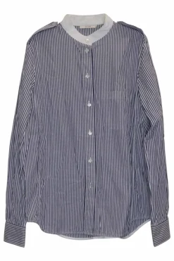 Navy and ivory striped cotton poplin band collar button-front shirt