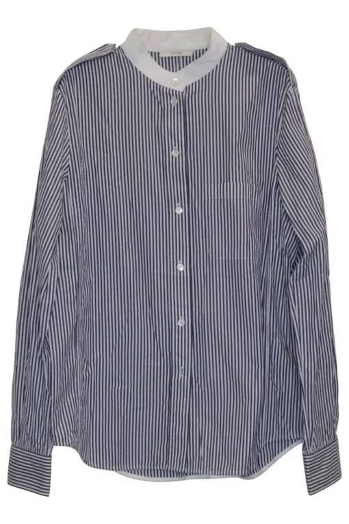 Navy and ivory striped cotton poplin band collar button-front shirt