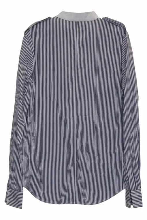 Navy and ivory striped cotton poplin band collar button-front shirt