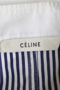 Navy and ivory striped cotton poplin band collar button-front shirt
