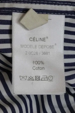 Navy and ivory striped cotton poplin band collar button-front shirt