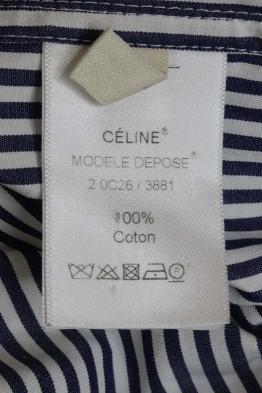 Navy and ivory striped cotton poplin band collar button-front shirt