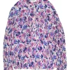 Navy and lilac crinkle viscose abstract print band collar half-button pullover Kiledia top