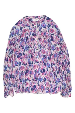 Navy and lilac crinkle viscose abstract print band collar half-button pullover Kiledia top