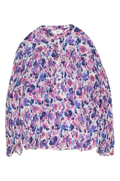 Navy and lilac crinkle viscose abstract print band collar half-button pullover Kiledia top