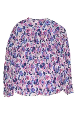 Navy and lilac crinkle viscose abstract print band collar half-button pullover Kiledia top