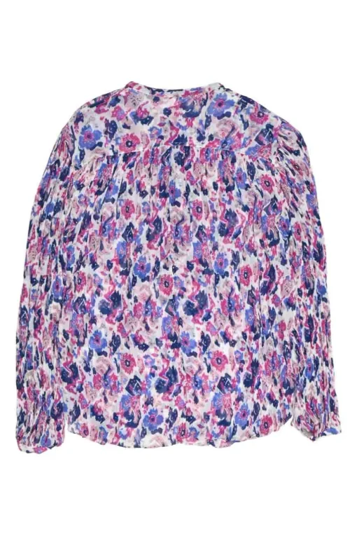 Navy and lilac crinkle viscose abstract print band collar half-button pullover Kiledia top