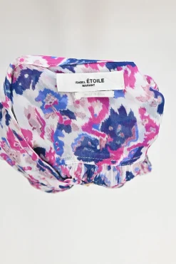 Navy and lilac crinkle viscose abstract print band collar half-button pullover Kiledia top