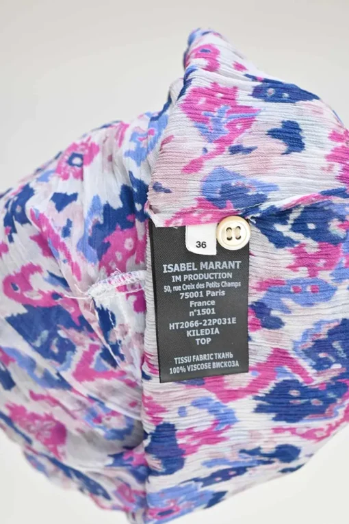 Navy and lilac crinkle viscose abstract print band collar half-button pullover Kiledia top