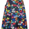 Navy and multi-colour polyester novelty lego print pull-on A-line midi circle skirt with elasticated waist