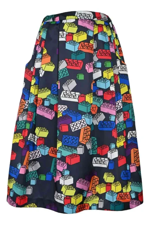 Navy and multi-colour polyester novelty lego print pull-on A-line midi circle skirt with elasticated waist