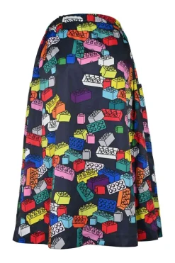 Navy and multi-colour polyester novelty lego print pull-on A-line midi circle skirt with elasticated waist