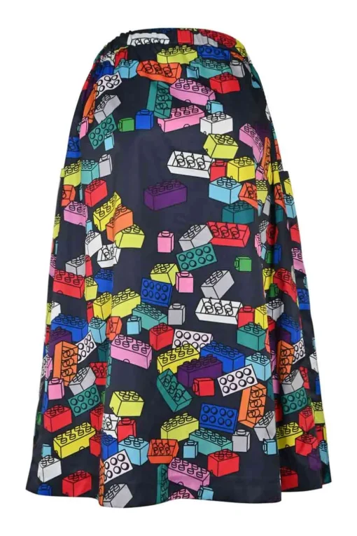 Navy and multi-colour polyester novelty lego print pull-on A-line midi circle skirt with elasticated waist