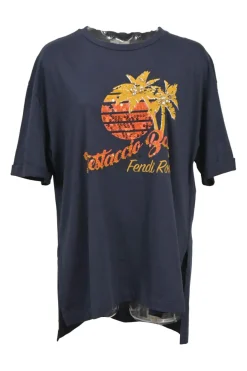 Navy and orange embellished cotton jersey knit Testaccio Bay graphic T-shirt featuring tonal bead broderie motif
