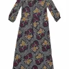 Navy and purple silk floral fil-coupé long sleeve keyhole-front maxi dress