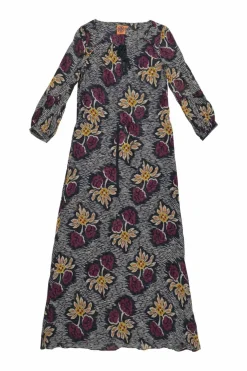 Navy and purple silk floral fil-coupé long sleeve keyhole-front maxi dress
