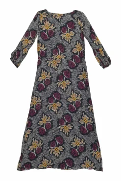 Navy and purple silk floral fil-coupé long sleeve keyhole-front maxi dress