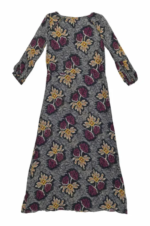 Navy and purple silk floral fil-coupé long sleeve keyhole-front maxi dress