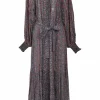 Navy and red silk floral print gathered dolman sleeve maxi dress with self-tie fastening at waist