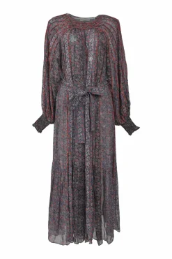 Navy and red silk floral print gathered dolman sleeve maxi dress with self-tie fastening at waist