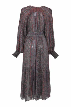 Navy and red silk floral print gathered dolman sleeve maxi dress with self-tie fastening at waist