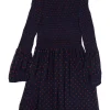 Navy and red smocked silk graphic square print high-collar A-line dress with Juliette sleeves