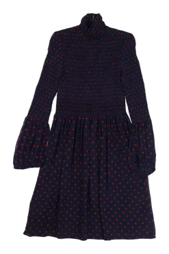 Navy and red smocked silk graphic square print high-collar A-line dress with Juliette sleeves