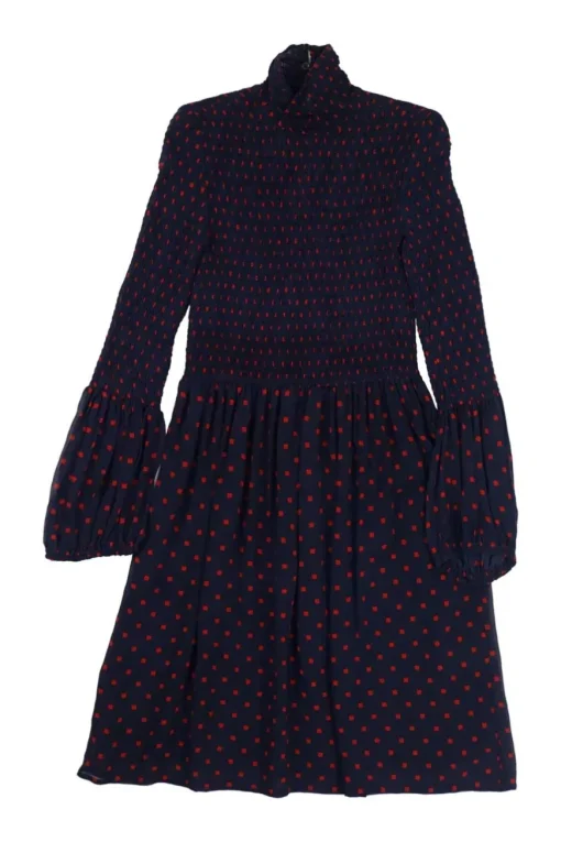Navy and red smocked silk graphic square print high-collar A-line dress with Juliette sleeves